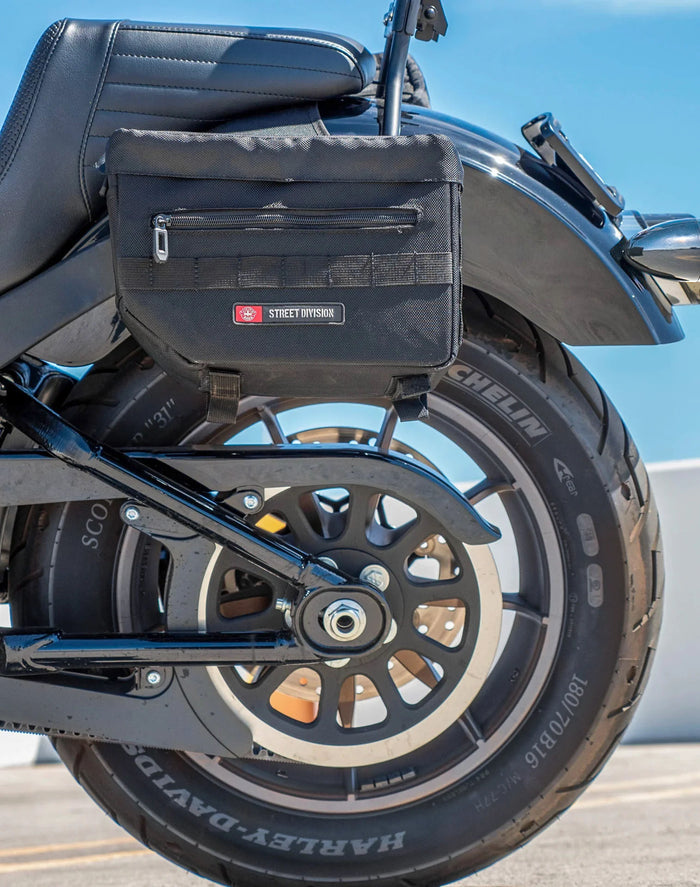10L - Patriot Small Throw Over Saddlebags For 2025+ Harley Softail Low Rider S FXLRS Vertical Lifestyle