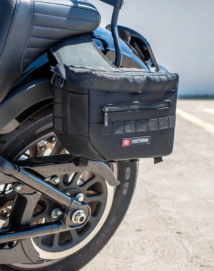 10L - Patriot Small Throw Over Saddlebags For 2025+ Harley Softail Low Rider S FXLRS Vertical Lifestyle