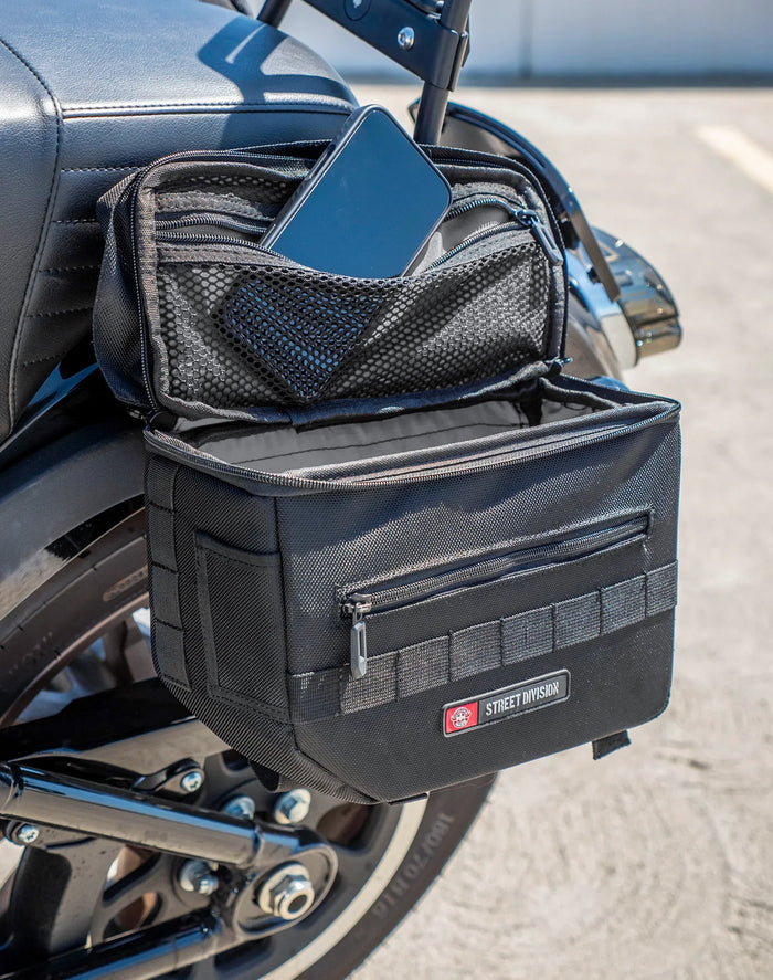 10L - Patriot Small Throw Over Saddlebags For 2025+ Harley Softail Low Rider S FXLRS Vertical Lifestyle