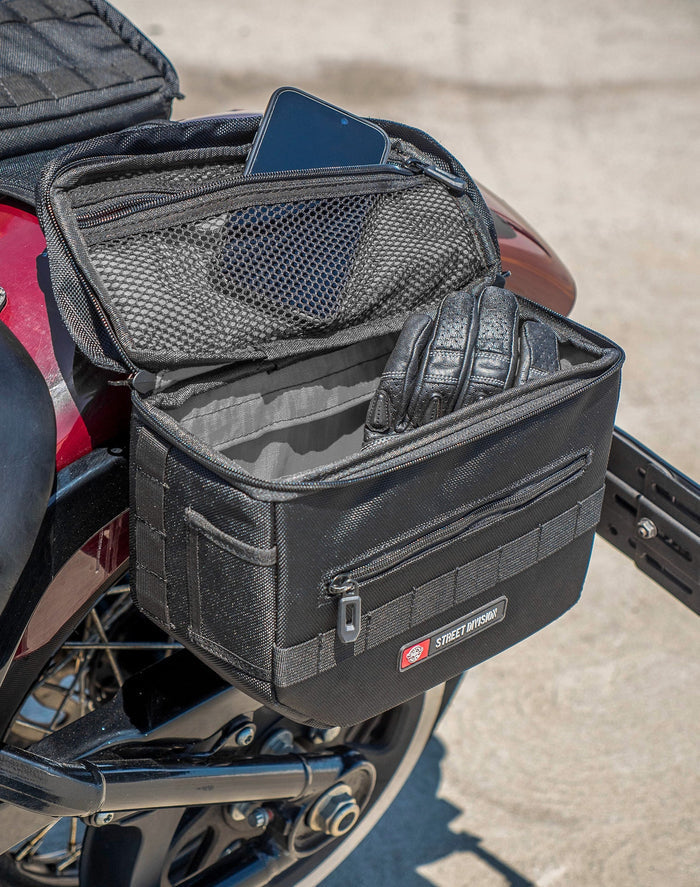 10L - Patriot Small Throw Over Saddlebags for Harley Softail Slim FLSL Life Style 4