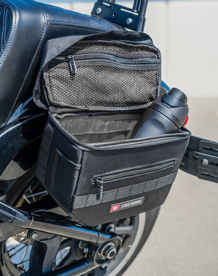 10L - Patriot Small Throw Over Saddlebags for Harley Softail Street Bob FXBB/S Vertical Lifestyle