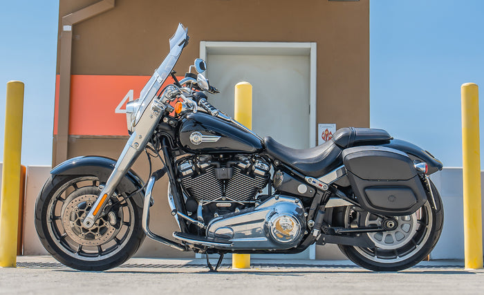 12L - Ironclad Quick Mount Medium Harley Softail Fat Boy FLFB/S Hard Solo Saddlebag (Left Only) Life Style Photo @expand