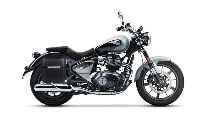 15L - Outlaw Quick-Mount Medium Royal Enfield Super Meteor 650 Painted Hard Solo Saddlebag (Right Only) bag on Bike @expand