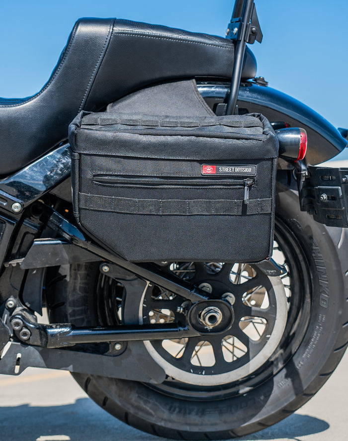 18L - Patriot Medium Motorcycle Throw Over Saddlebags for Harley Softail Street Bob FXBB/S Vertical Lifestyle