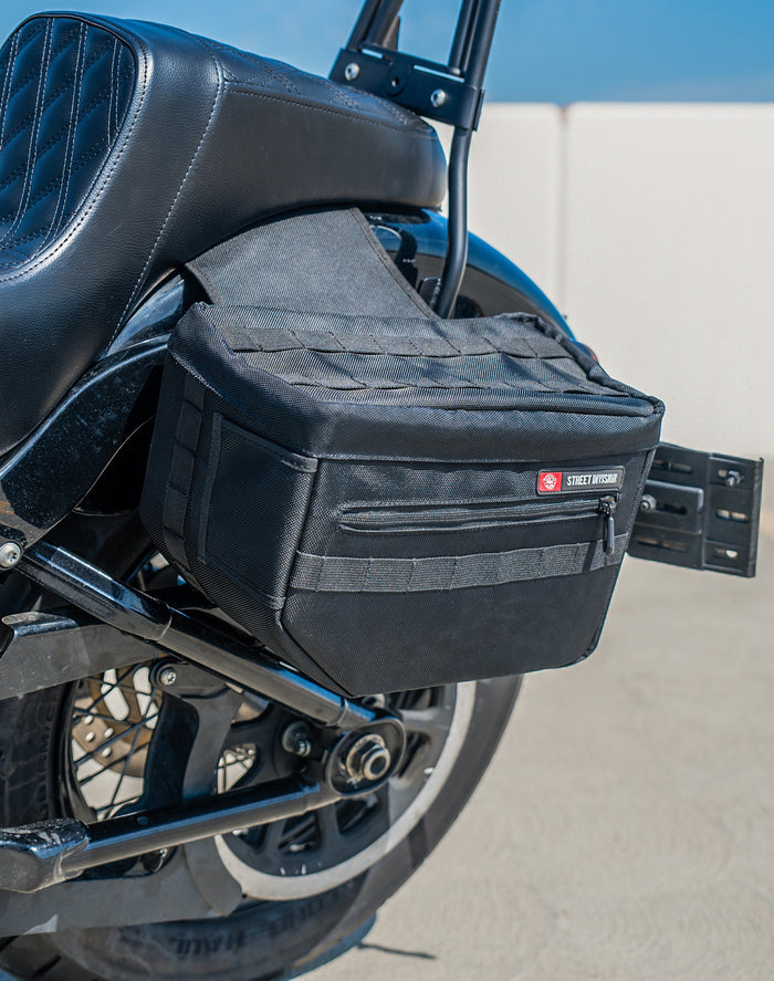 18L - Patriot Medium Motorcycle Throw Over Saddlebags for Harley Softail Street Bob FXBB/S Vertical Lifestyle
