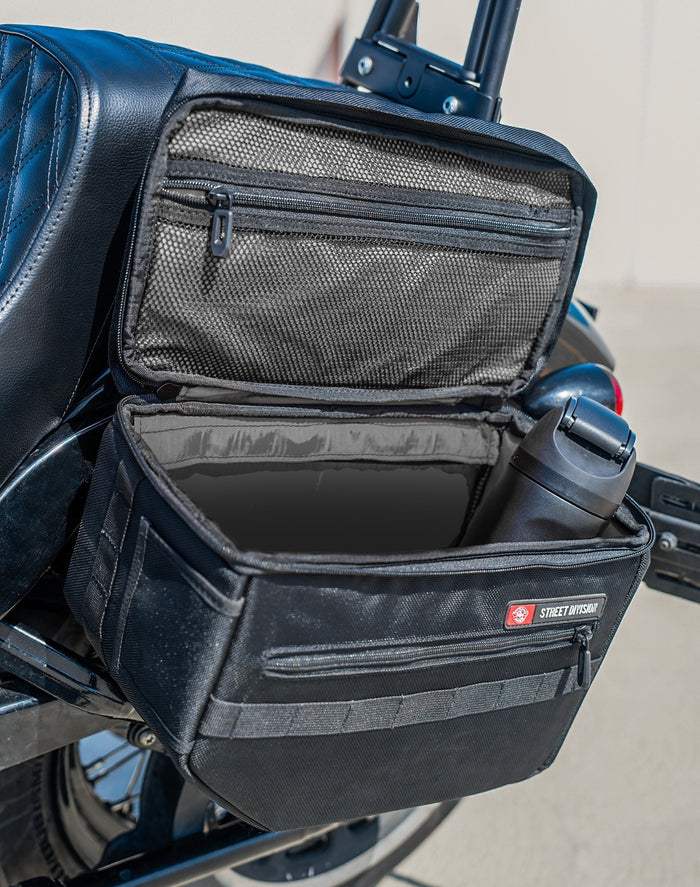 18L - Patriot Medium Motorcycle Throw Over Saddlebags for Harley Softail Street Bob FXBB/S Vertical Lifestyle