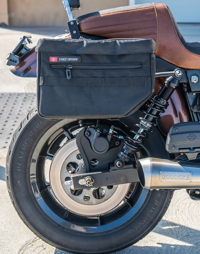 18L - Patriot Medium Throw Over Saddlebags for Harley Dyna Super Glide Custom FXDC/I Lifestyle
