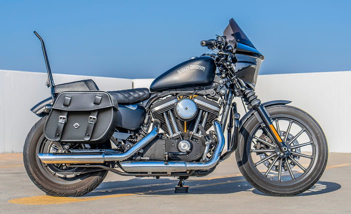 25L - Arch Large Shock Cutout Leather Motorcycle Saddlebags for Harley Sportster 883 Iron XL883N Lifestyle @expand