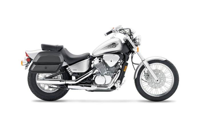28L - Pantheon Medium Shadow 600 VLX Leather Motorcycle Saddlebags Bag on Bike @expand