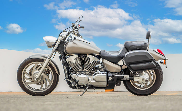 28L - Pantheon Medium Honda VTX 1300 C Leather Motorcycle Saddlebags Lifestyle Bag on Bike View @expand