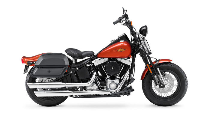 28L - Pantheon Medium Leather Saddlebags for Harley Softail Cross Bones FLSTSB Bag on Bike @expand