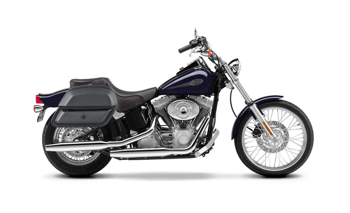 28L - Pantheon Medium Leather Saddlebags for Harley Softail Standard FXST/I Bag on Bike @expand
