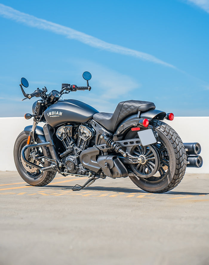2L - Bullet Indian Scout Leather Motorcycle Swingarm Bag (Left Only) Vertical Lifestyle