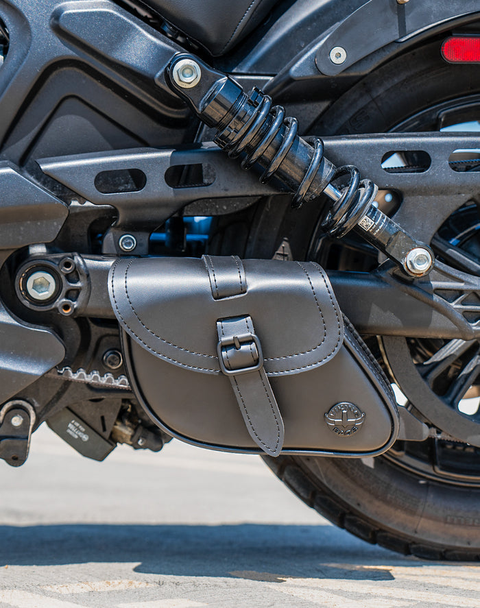 2L - Bullet Indian Scout Leather Motorcycle Swingarm Bag (Left Only) Vertical Lifestyle