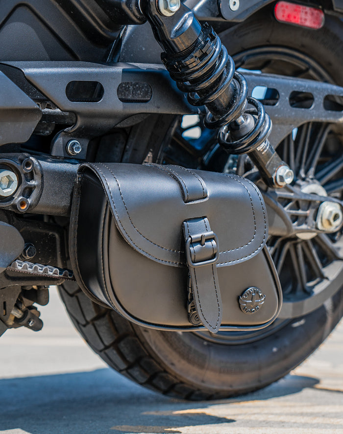 2L - Bullet Indian Scout Leather Motorcycle Swingarm Bag (Left Only) Vertical Lifestyle