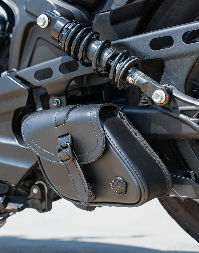 2L - Bullet Indian Scout Leather Motorcycle Swingarm Bag (Left Only) Vertical Lifestyle
