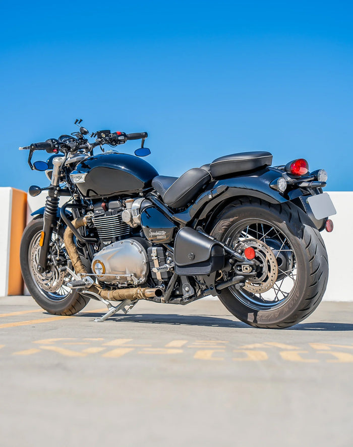 2L - Waylon Triumph Bonneville Speedmaster Leather Motorcycle Swingarm Bag (Left Side Only) Vertical Lifestyle