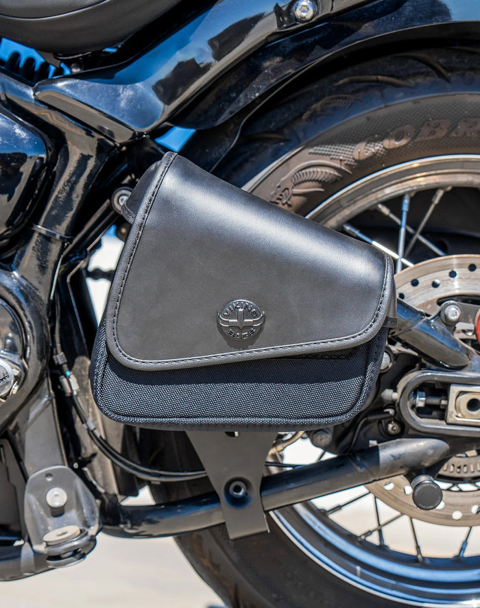 2L - Waylon Triumph Bonneville Speedmaster Leather Motorcycle Swingarm Bag (Left Side Only) Vertical Lifestyle