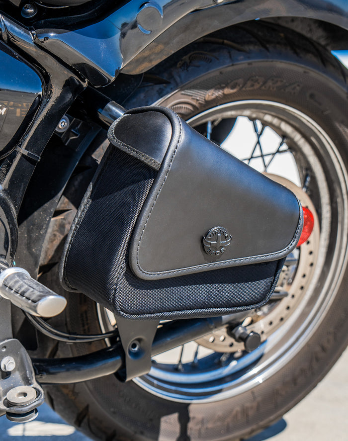 2L - Waylon Triumph Bonneville Speedmaster Leather Motorcycle Swingarm Bag (Left Side Only) Vertical Lifestyle