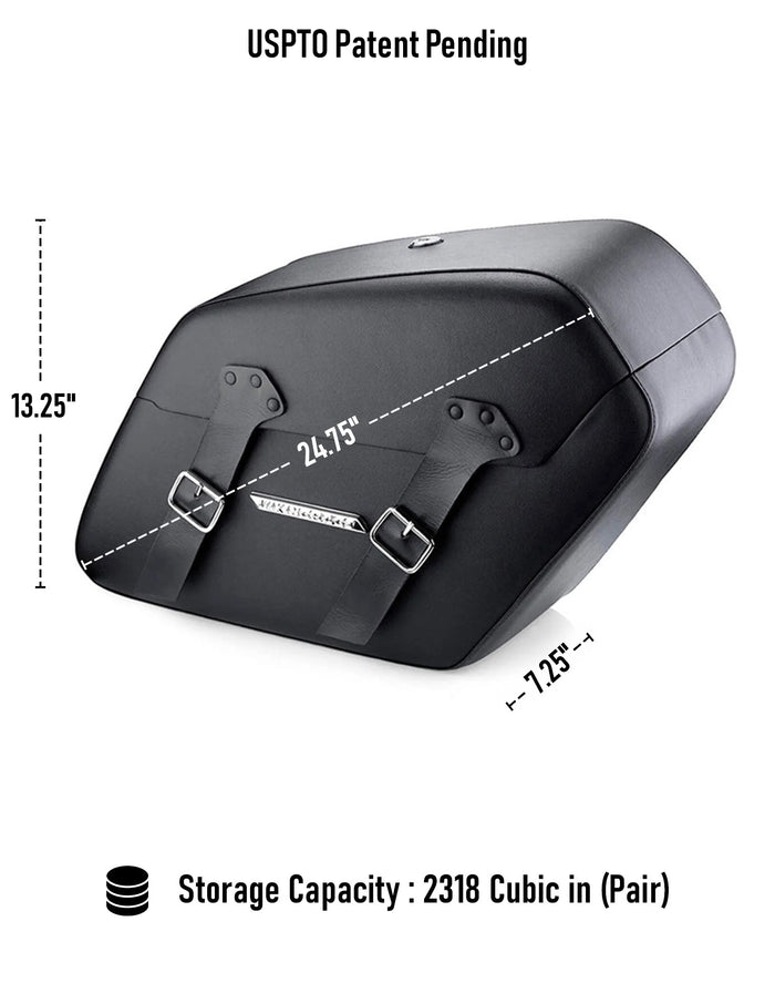 38L - Baldur Extra Large Shock Cut-out Leather Wrapped Motorcycle Hard Saddlebags for Harley Dyna Switchback FLD