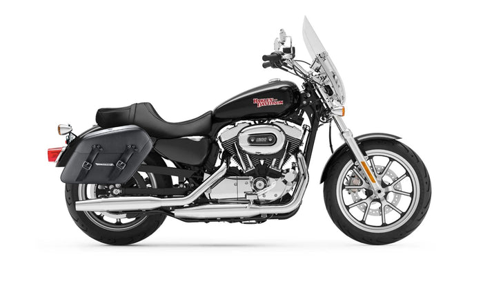 38L - Baldur XL Shock Cutout Harley Sportster 1200 Super Low XL1200T Leather Wrapped Hard Saddlebags Bag on Bike @expand