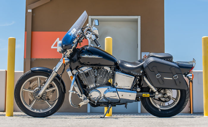 38L - Baldur XL Shock Cutout Honda Shadow 1100 Spirit Leather Wrapped Hard Saddlebags @expand