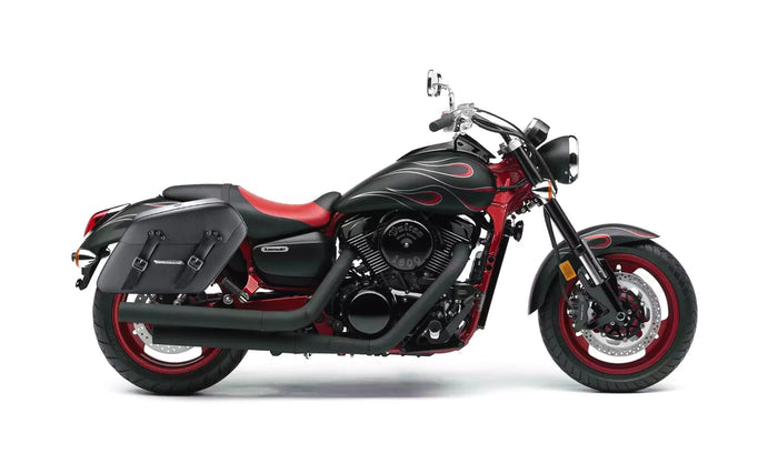 38L - Baldur XL Shock Cutout Kawasaki Mean Streak 1600 Leather Wrapped Hard Saddlebags Bag on Bike @expand