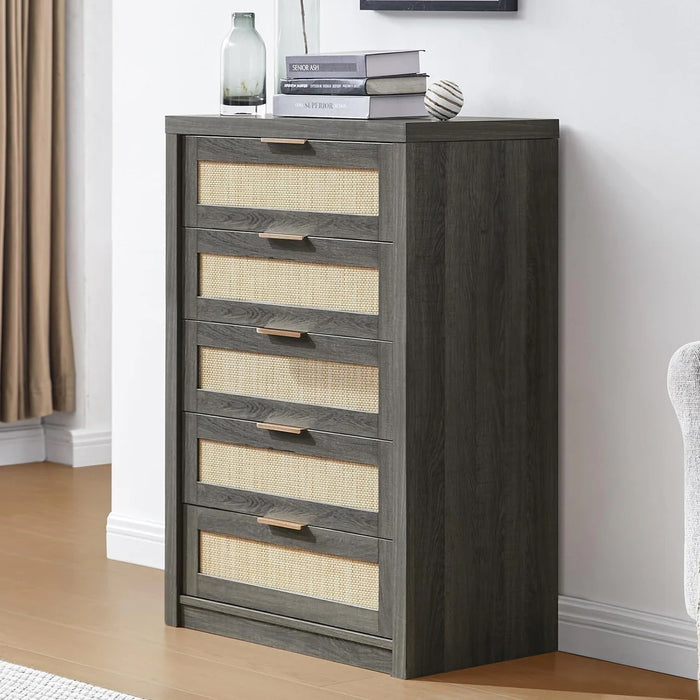 5 Drawers Dresser Tallboy Storage Cabinet/Rattan Storage Sideboard Chest of Drawers Midnight Oak