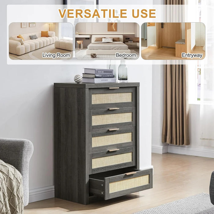 5 Drawers Dresser Tallboy Storage Cabinet/Rattan Storage Sideboard Chest of Drawers Midnight Oak