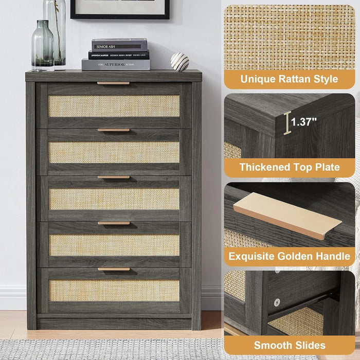 5 Drawers Dresser Tallboy Storage Cabinet/Rattan Storage Sideboard Chest of Drawers Midnight Oak