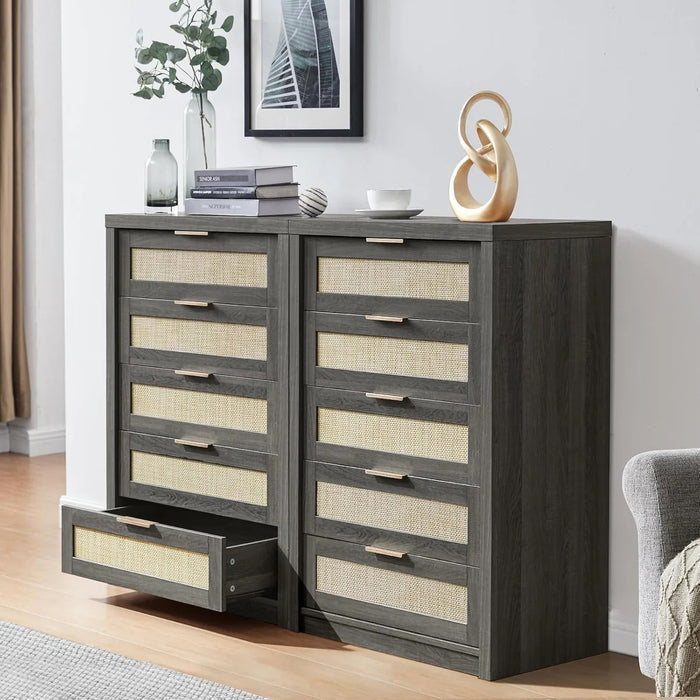5 Drawers Dresser Tallboy Storage Cabinet/Rattan Storage Sideboard Chest of Drawers Midnight Oak