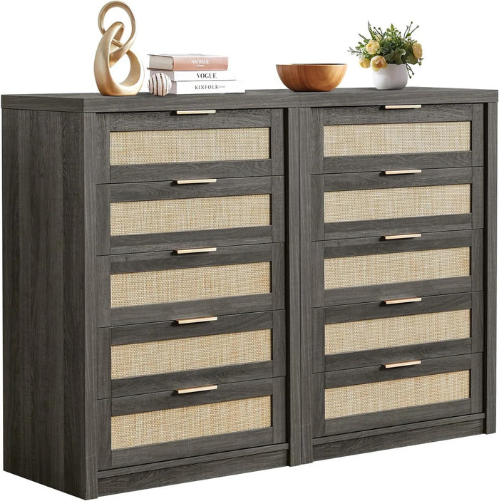 5 Drawers Dresser Tallboy Storage Cabinet/Rattan Storage Sideboard Chest of Drawers Midnight Oak