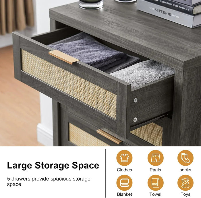 5 Drawers Dresser Tallboy Storage Cabinet/Rattan Storage Sideboard Chest of Drawers Midnight Oak