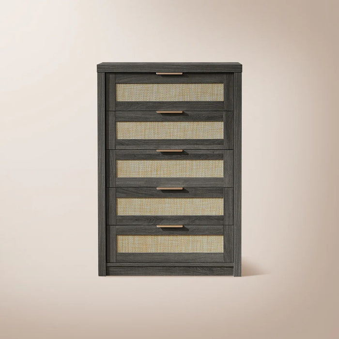 5 Drawers Dresser Tallboy Storage Cabinet/Rattan Storage Sideboard Chest of Drawers Midnight Oak