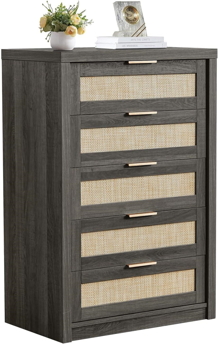 5 Drawers Dresser Tallboy Storage Cabinet/Rattan Storage Sideboard Chest of Drawers Midnight Oak