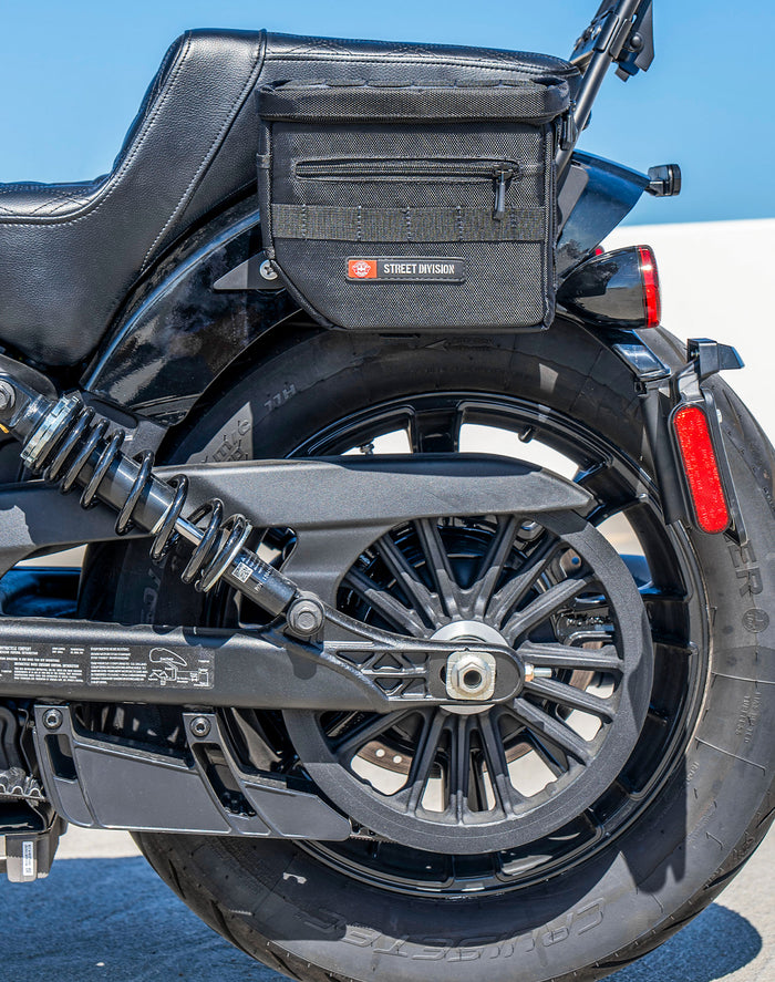 8L - Patriot Small 2025+ Indian Scout Bobber Throw Over Saddlebags Lifestyle