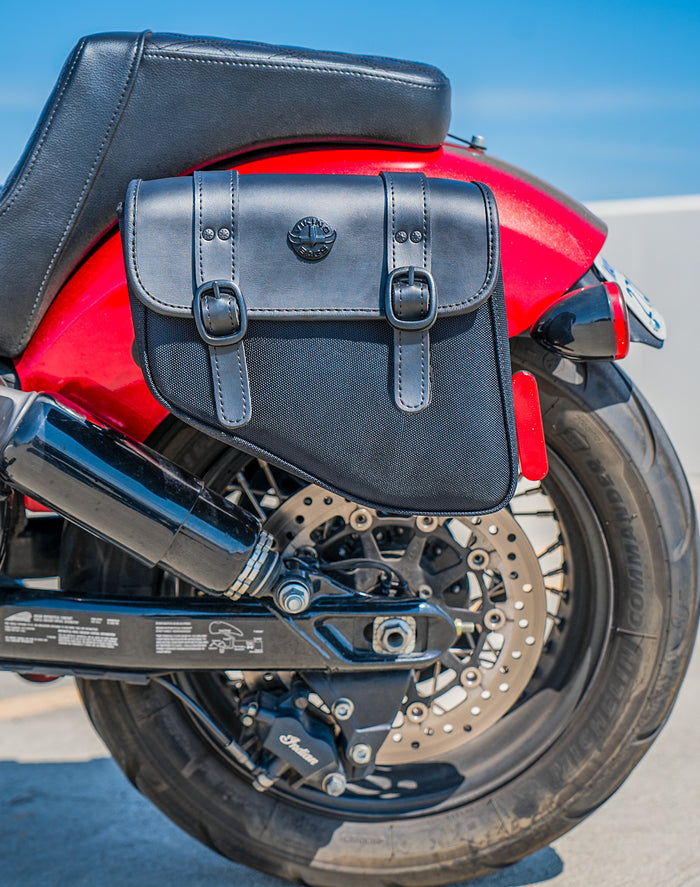 8L - Pony Indian Chief Bobber Leather Motorcycle Saddlebags Lifestyle