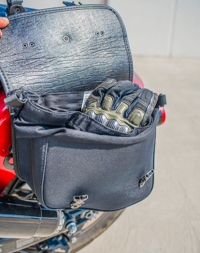 8L - Pony Indian Sport Chief Leather Motorcycle Saddlebags Lifestyle