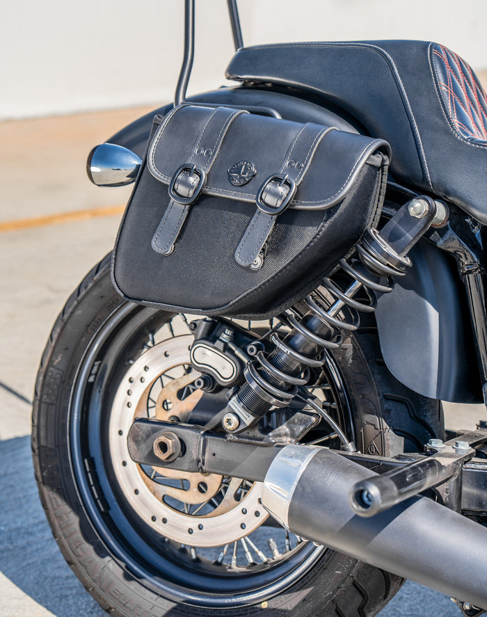 8L - Swift Small Leather Saddlebags for Harley Dyna Fat Bob FXDF/SE Lifestyle Vertical