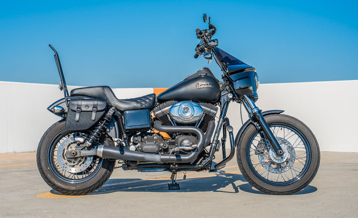 8L - Swift Small Leather Saddlebags for Harley Dyna Street Bob FXDB/I Lifestyle @expand