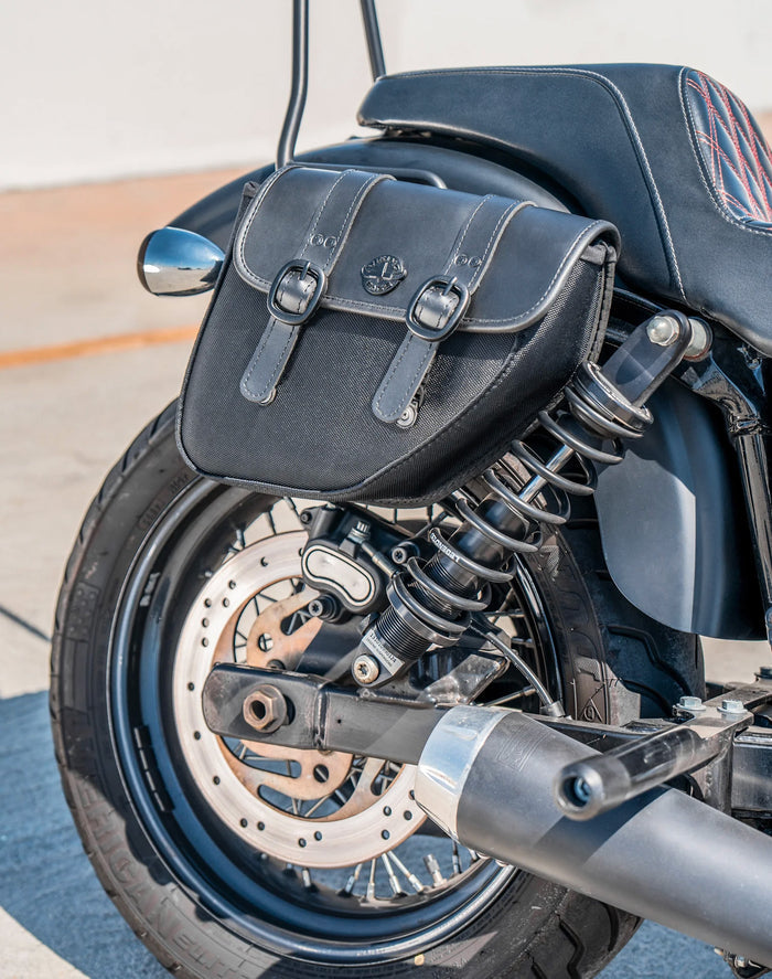 8L - Swift Small Leather Saddlebags for Harley Dyna Street Bob FXDB/I Lifestyle