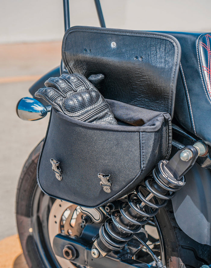 8L - Swift Small Leather Saddlebags for Harley Dyna Street Bob FXDB/I Lifestyle