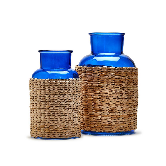 Blue Glass Candle Holder / Vase with Rattan Wrap - Glass/Sea Grass ( Large one)