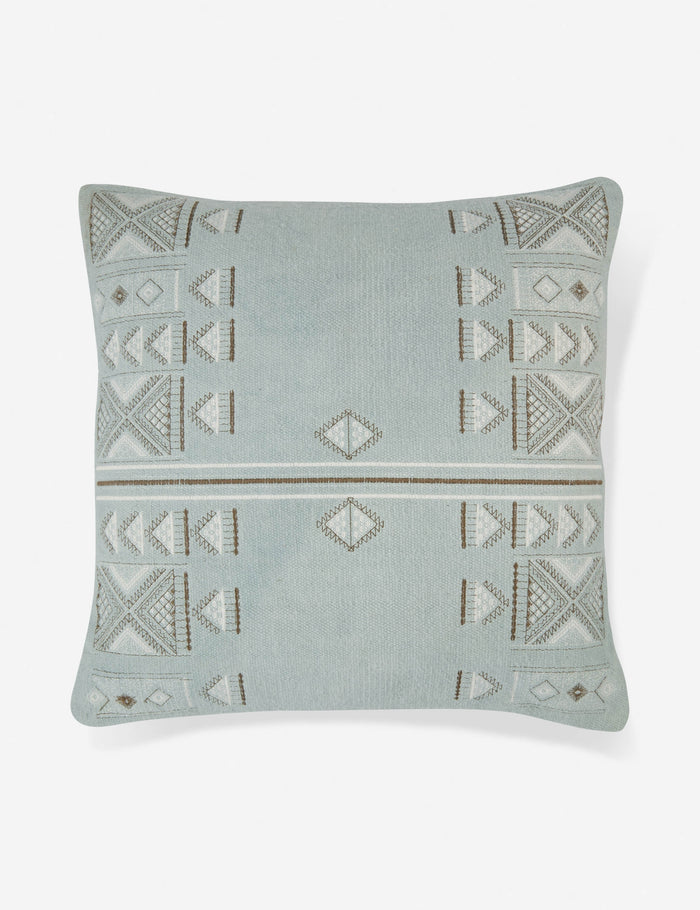 #color::blue #insert::down #insert::polyester | Ciecil sky blue throw pillow with an arabesque pattern and a woven cotton front