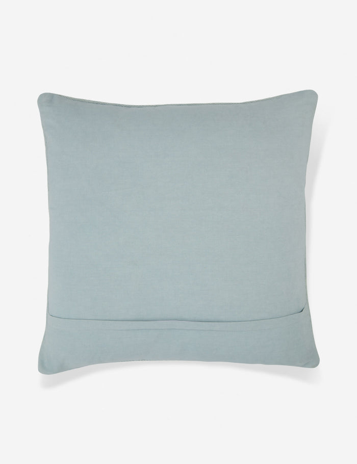 #color::blue #insert::down #insert::polyester | Rear view of the Ciecil sky blue throw pillow with an arabesque pattern and a woven cotton front