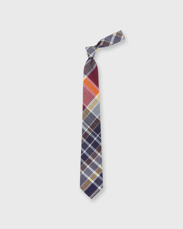 Cotton Woven Tie in Navy/Red/Brown Madras
