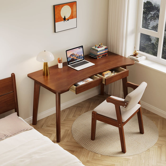 Draylen Walnut Solid Wood Study Desk with Drawers/Rubberwood/Curved/1M/1.2M