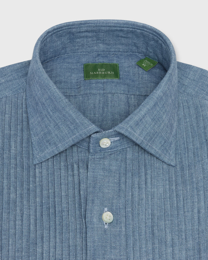 French-Cuff Pleated Bib-Front Tuxedo Shirt in Extra Light Washed Chambray