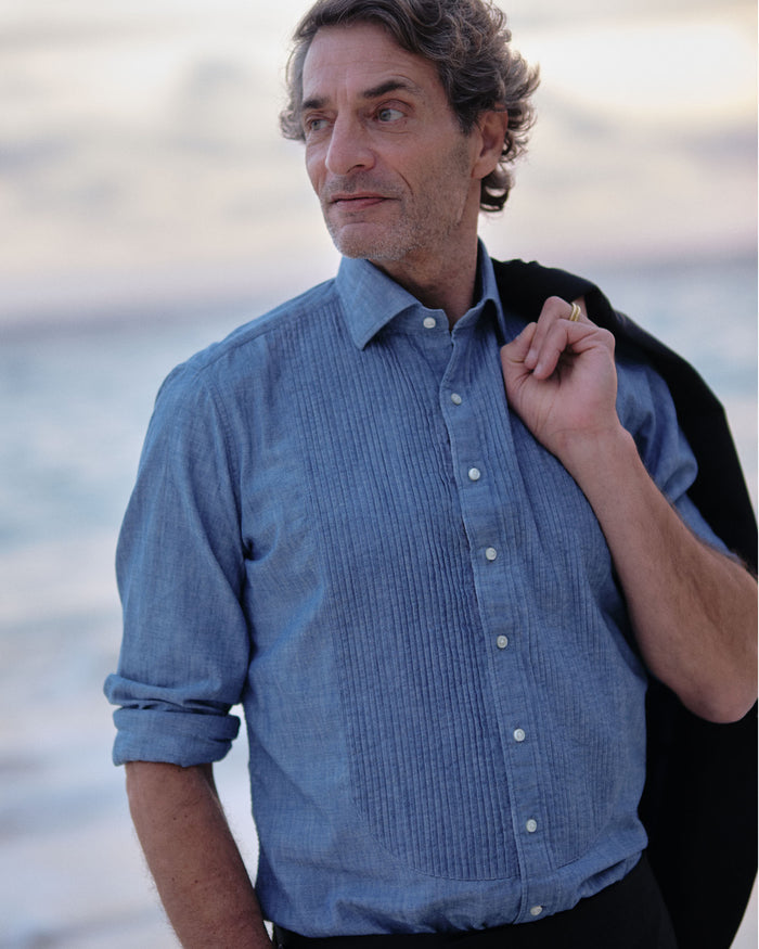 French-Cuff Pleated Bib-Front Tuxedo Shirt in Extra Light Washed Chambray