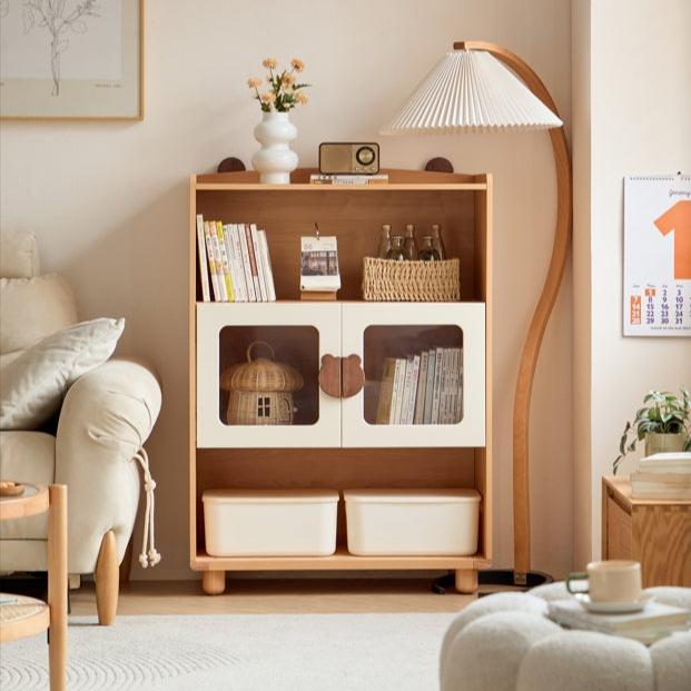 Hana Natural Wood Color Kids' Bookcase with Doors and Open Shelves/Solid Wood Legs